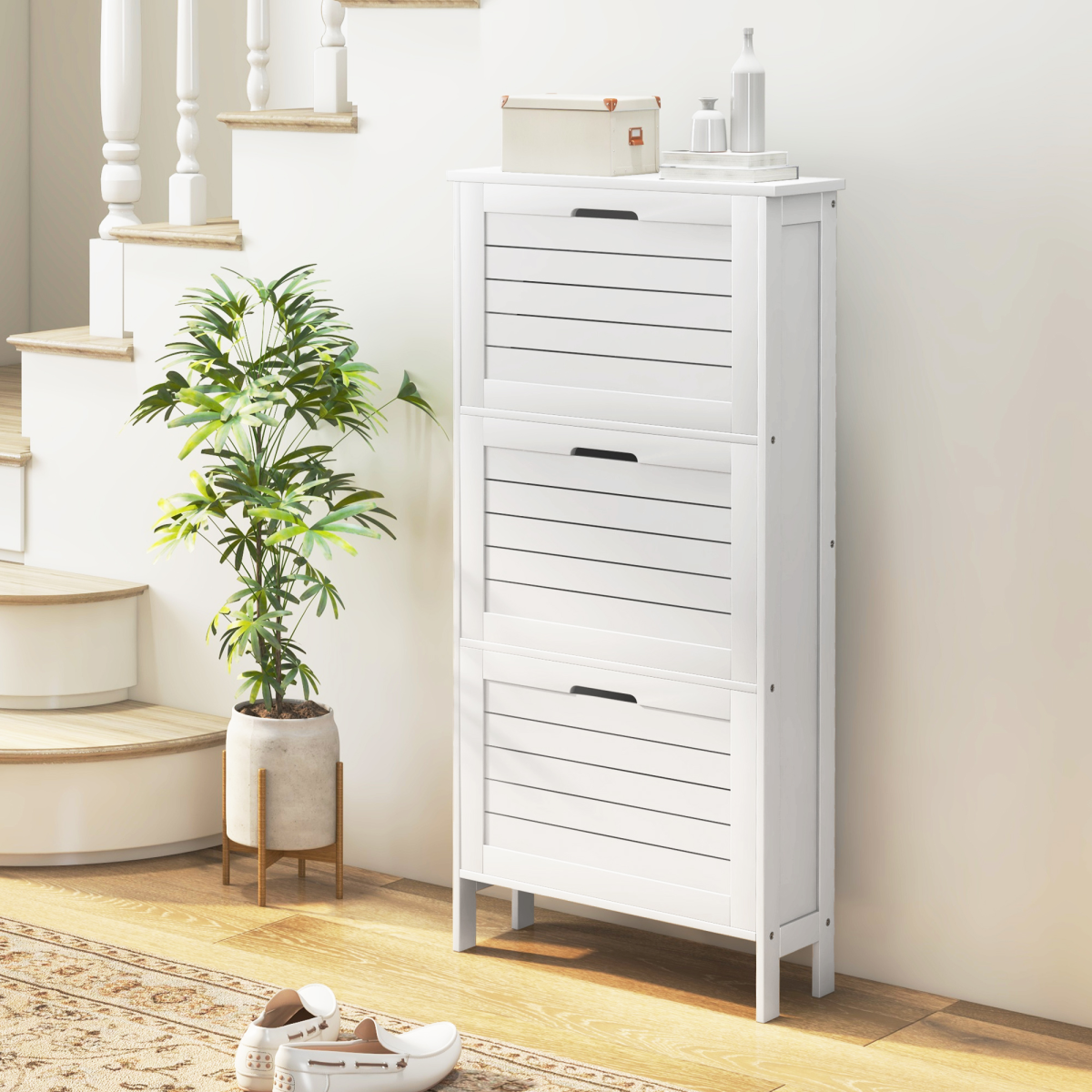 HOMCOM Narrow Shoe Storage Cabinet, 3 Flip Drawers, White
