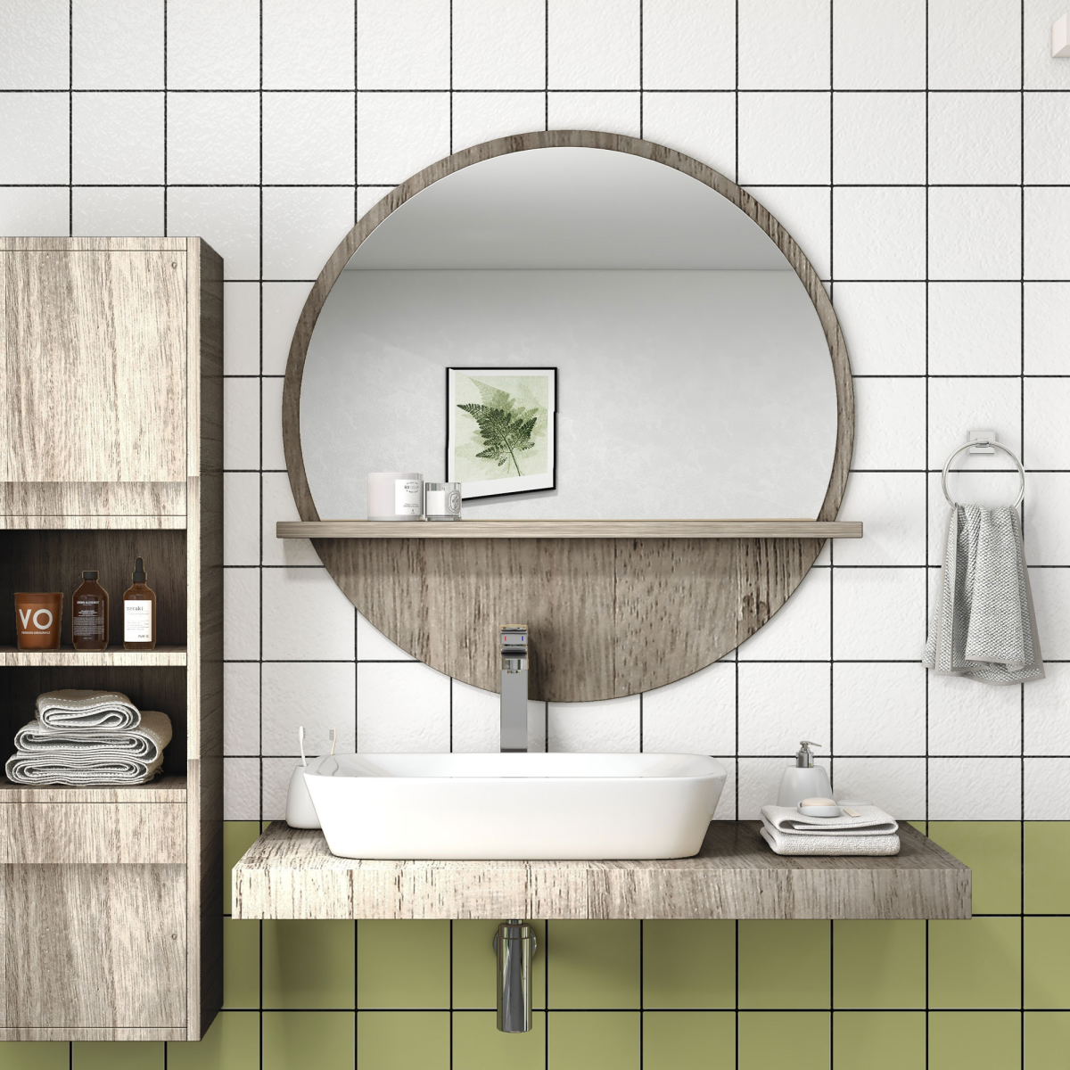 HOMCOM Round Wall Mirror with Shelf, Grey Wood Effect
