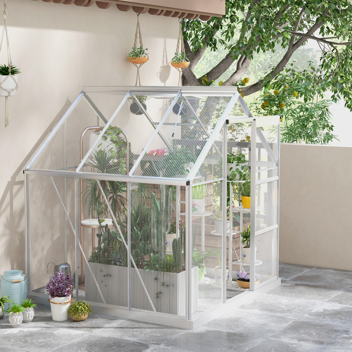 Outsunny 6 x 6 ft Walk-In Polycarbonate Greenhouse with Foundation, Sliding Door and Adjustable Window, Silver