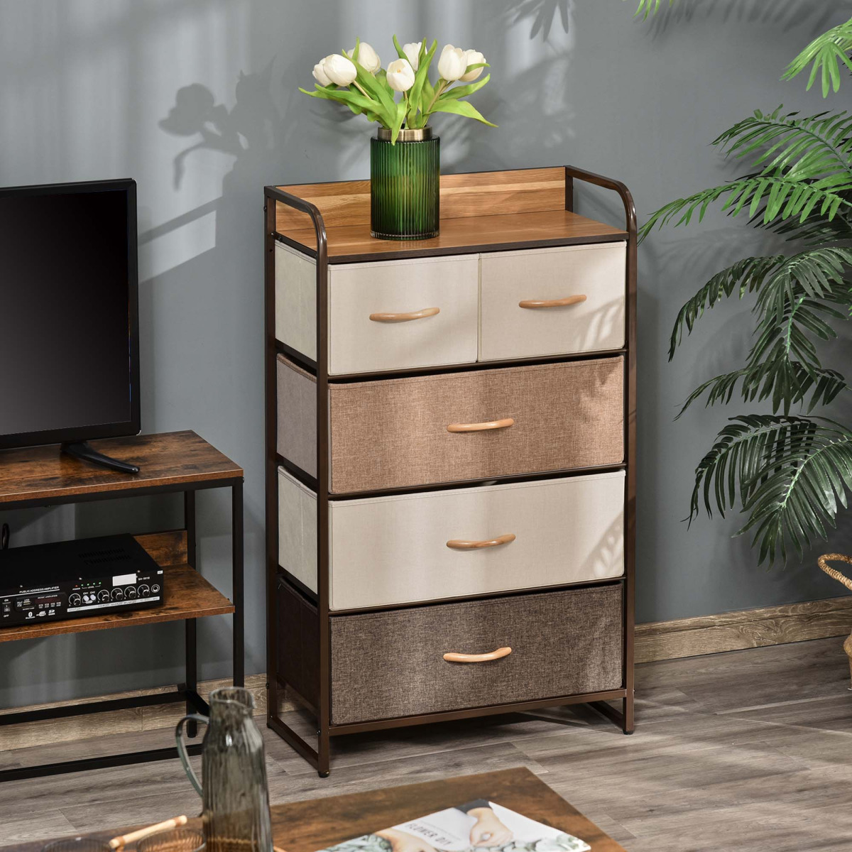HOMCOM 5-Drawer Fabric Closet Dresser Tower with Steel Frame