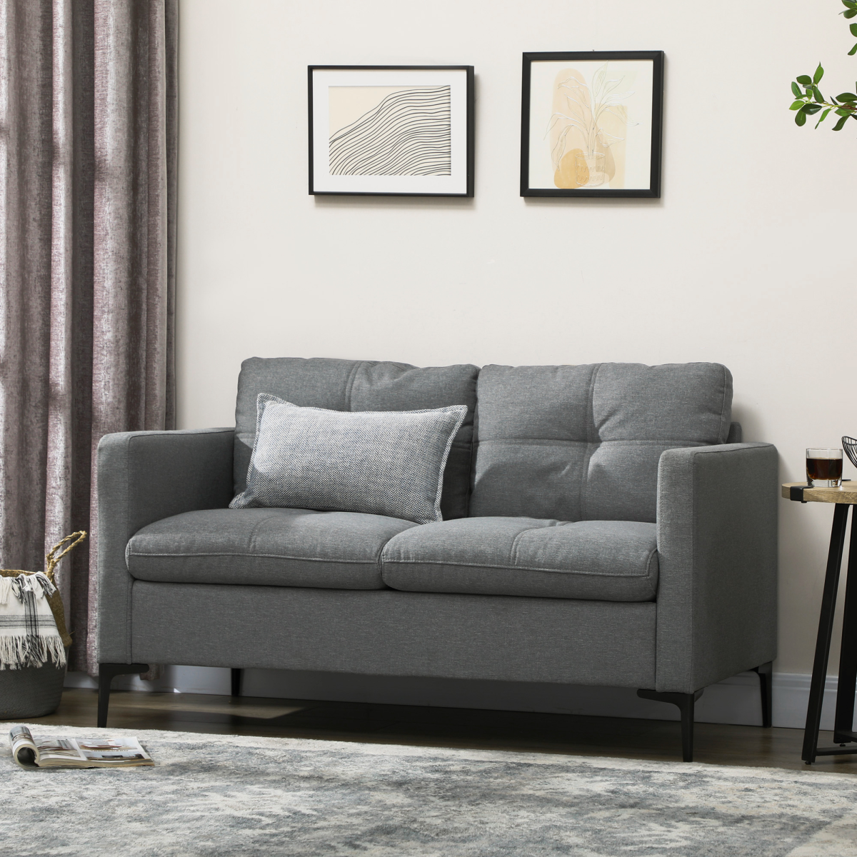 HOMCOM Grey 2 Seater Loveseat Sofa with Cushions, Linen-Effect Upholstered