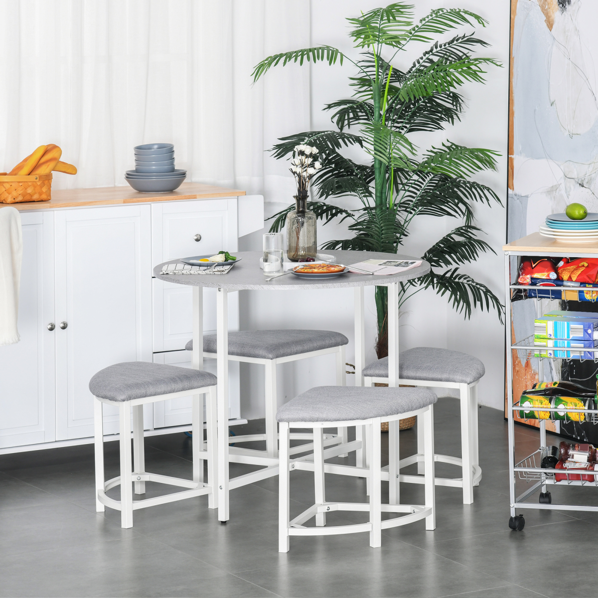 Modern Round Dining Table Set with 4 Upholstered Stools, Steel Frame