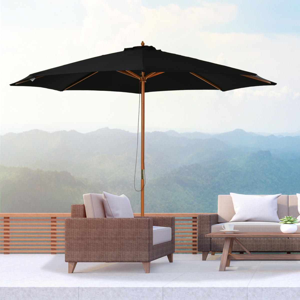 Outsunny Bamboo Wooden Market Patio Umbrella 3 x 2.5 m, Polyester Canopy, Adjustable Angle, Pulley Open and Close, Base Not Included