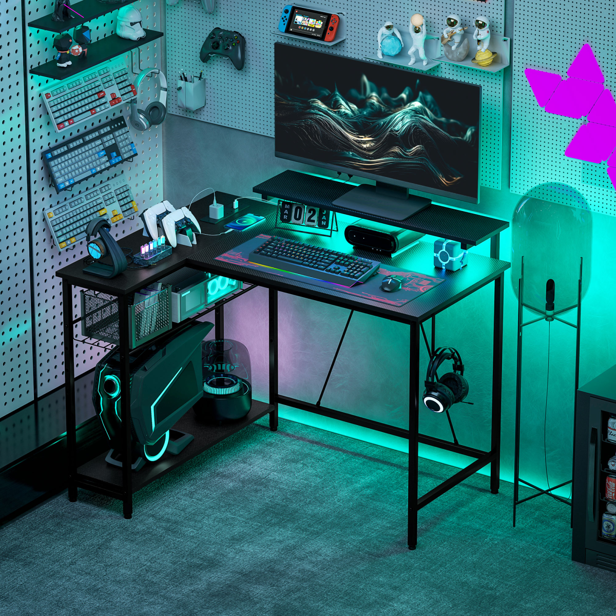 HOMCOM Reversible L Shaped Gaming Desk with LED Lights & Storage