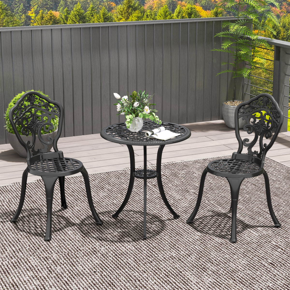 Outsunny 3-Piece Cast Aluminium Bistro Set with Parasol Hole, Black