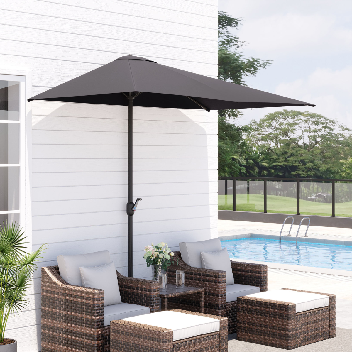 Outsunny Half Round Parasol Umbrella with Crank, 2.3m, Grey, No Base Included