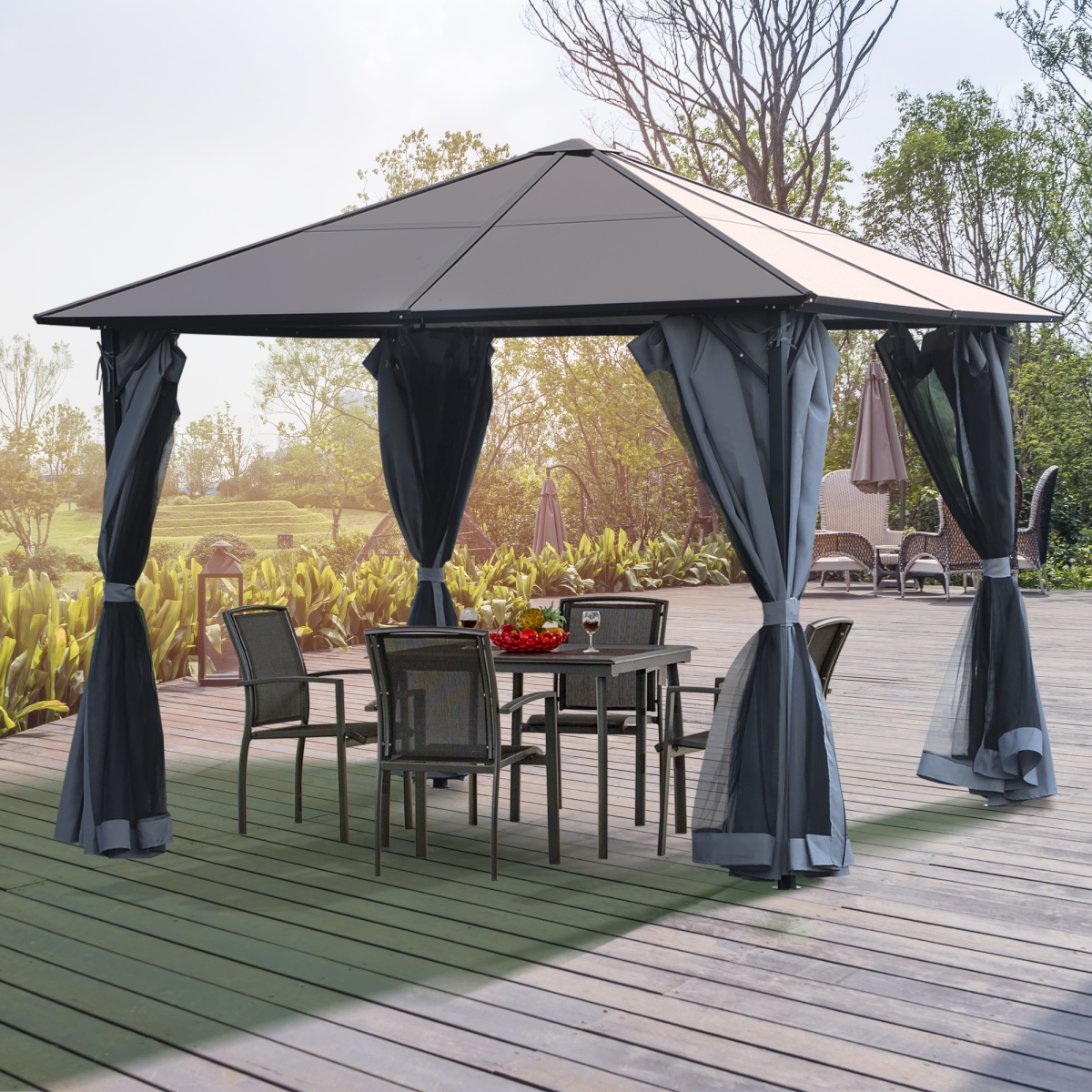 3x3m Polycarbonate Hardtop Gazebo with Aluminium Frame, Netting & Curtains