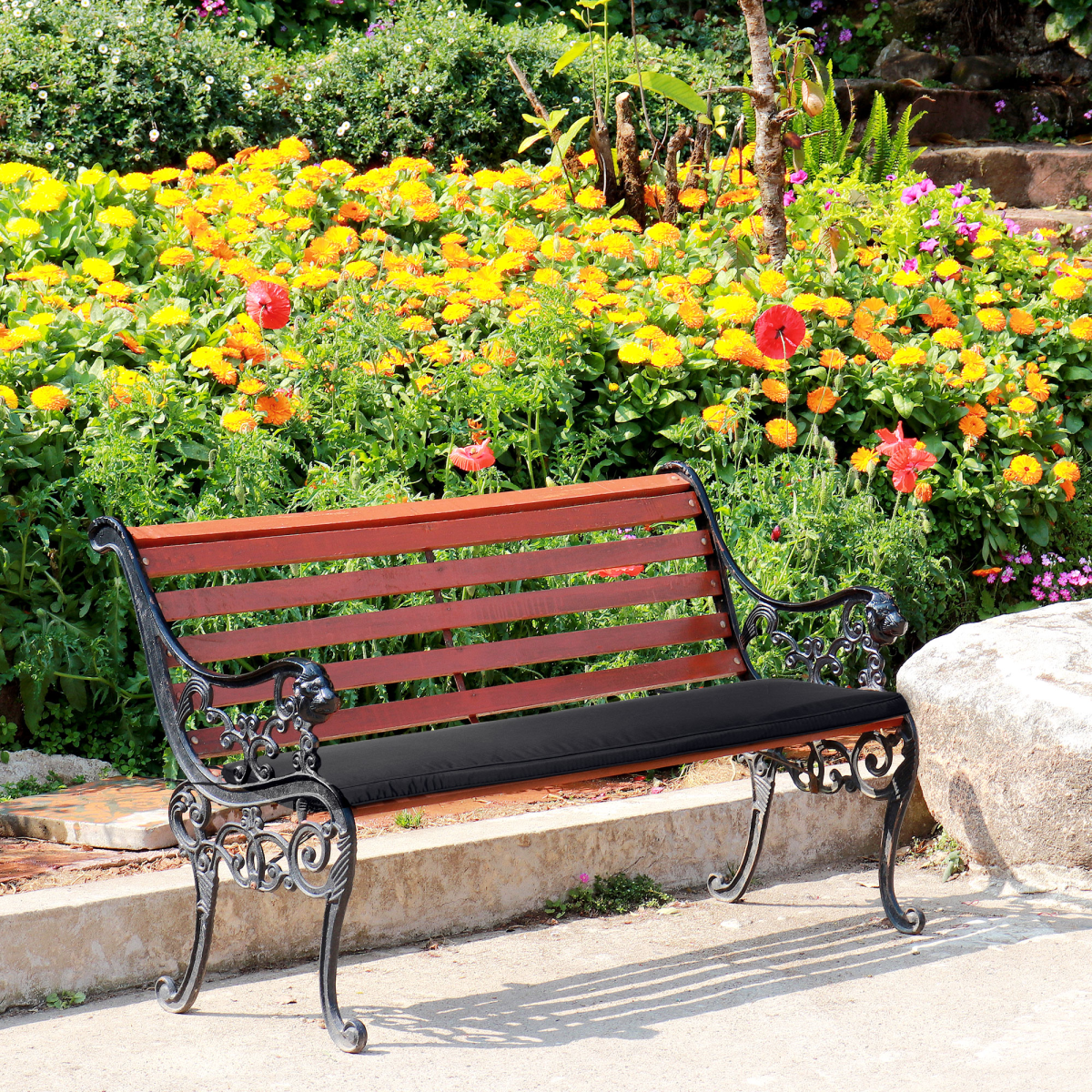 Outsunny 2-Seater Black Bench Cushion with Ties, Polyester Cover
