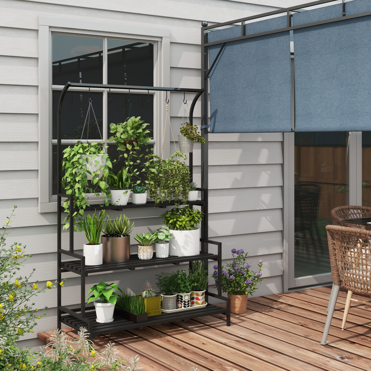 Outsunny 3 Tiered Plant Rack Stand with Hanging Hooks for Indoor Outdoor Use