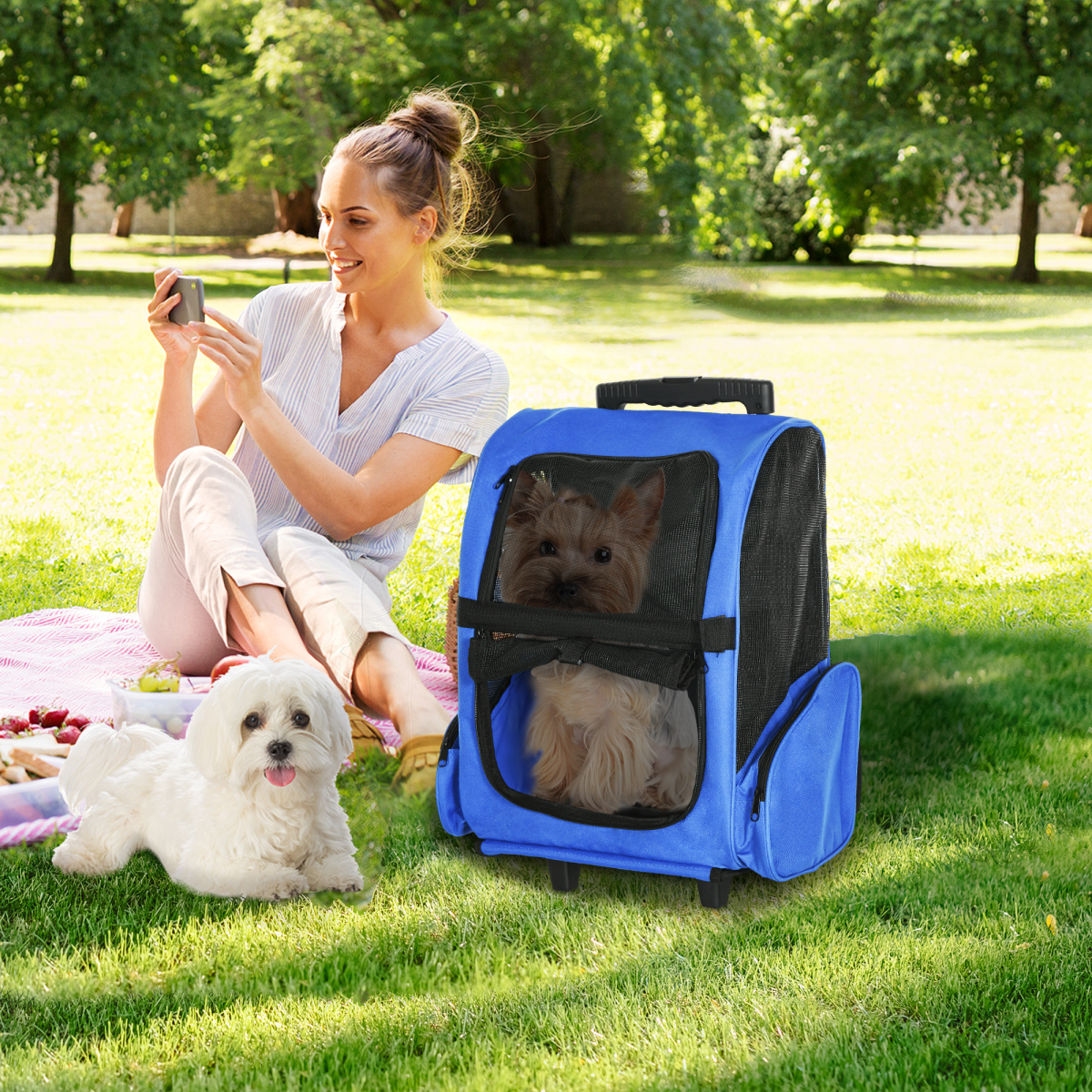 PawHut 2-in-1 Pet Travel Backpack Trolley Carrier with Detachable Wheels and Adjustable Pull Rod