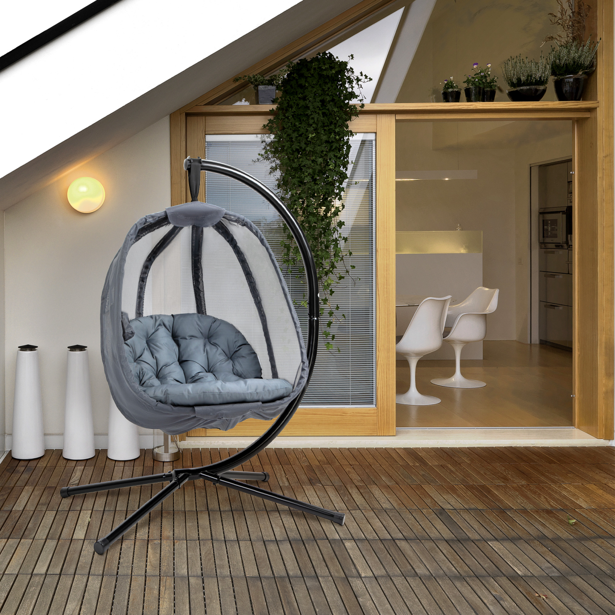 Outsunny Folding Hanging Egg Chair with Cushion & Stand, Grey