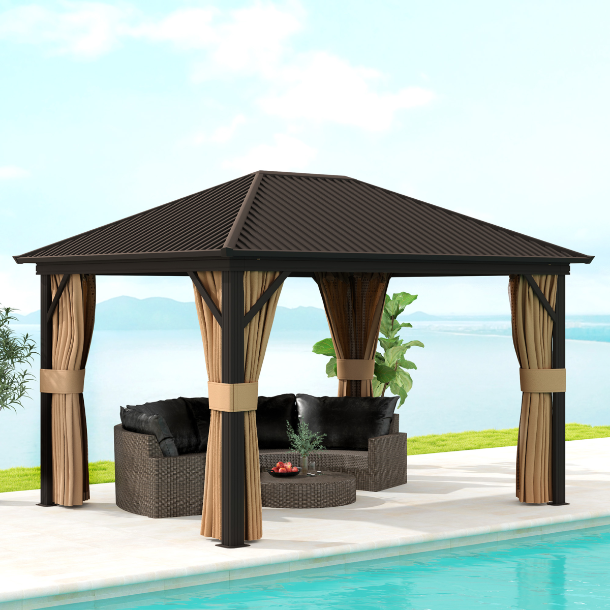 Outsunny 3.63 x 3m Metal Hardtop Garden Gazebo with Screened Curtains, Brown