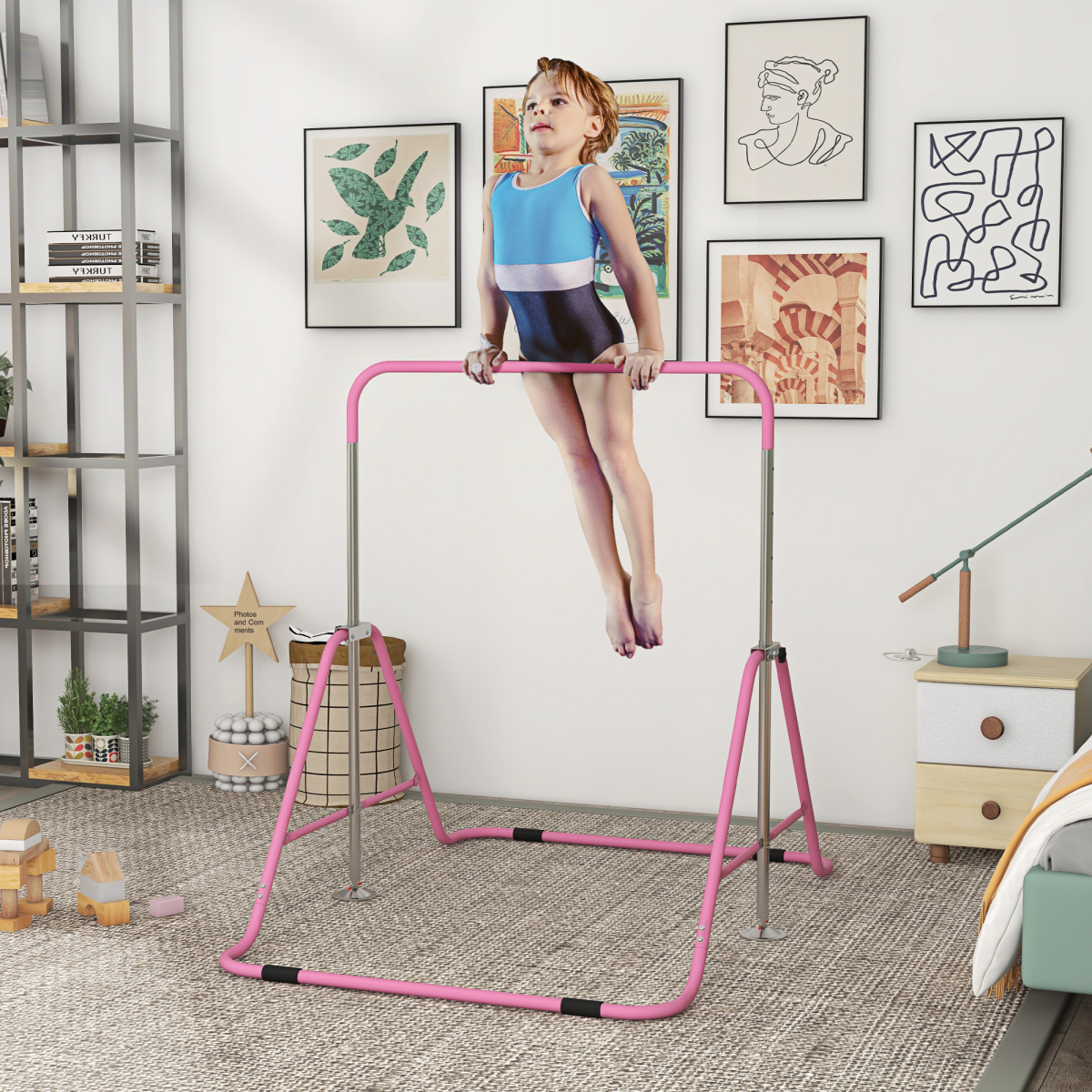 HOMCOM Kids Gymnastic Bar, Adjustable & Foldable Training Bar, Pink