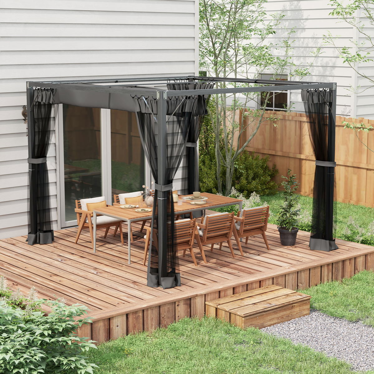 Outsunny 3 x 3 m Dark Grey Pergola with Retractable Roof and Netting