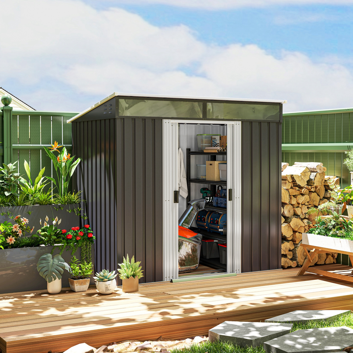 Outsunny 6.5 x 4 ft Lockable Metal Garden Shed with Foundation, Charcoal Grey