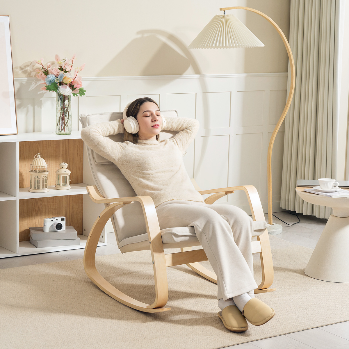 HOMCOM Cream White Linen-Feel High Back Rocking Chair with Headrest