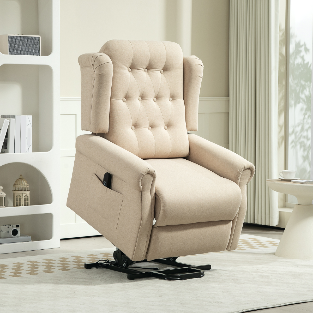 HOMCOM Beige Power Lift Recliner Armchair, Wingback, Button Tufted