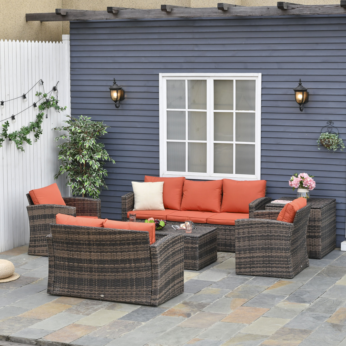 Outsunny 6 Piece Patio Rattan Conversation Set with 2 Armchairs, 2-Seat Sofa, 3-Seat Sofa, Storage Tea Table and Side Table, Seating for 7