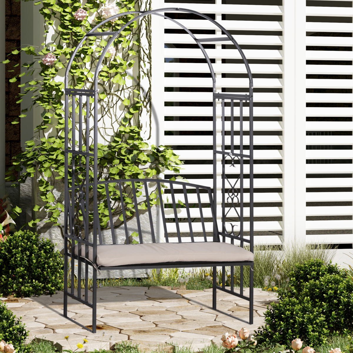 Outsunny Grey Metal Bench with Arch, 114 cm, Two-Seater