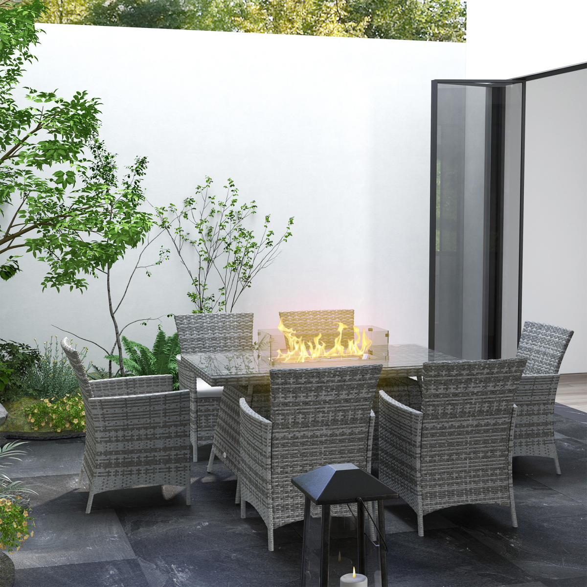 Outsunny PE Rattan Dining Set with Fire Pit Table and Cushioned Armchairs, Grey
