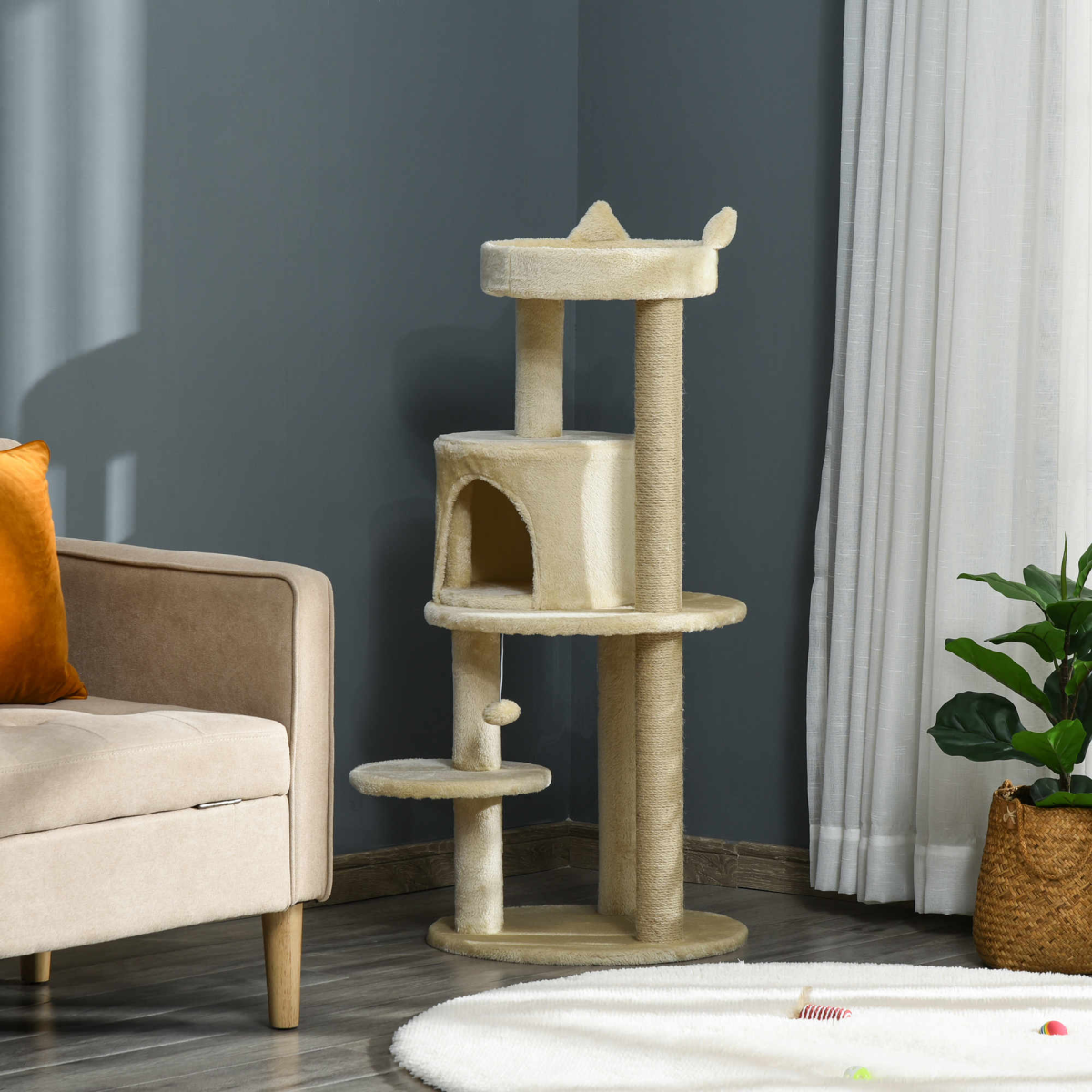 3-Tier Deluxe Cat Activity Tree Scratching Posts Kitten Beige Pawhut