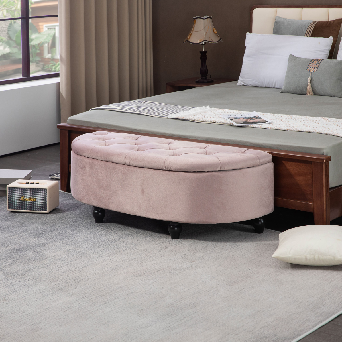 HOMCOM Tufted Semi-Circle Storage Ottoman Bench, Pink