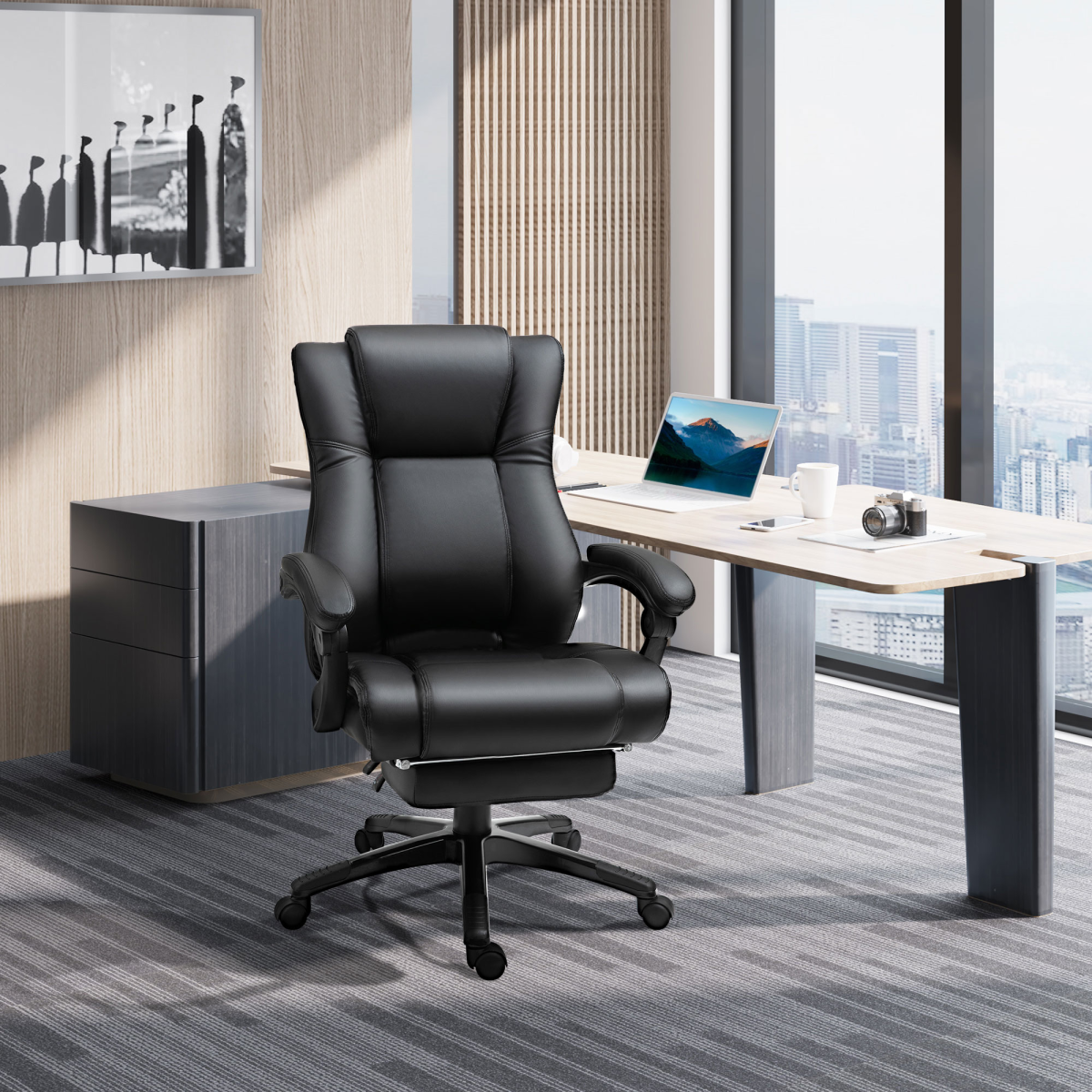Executive High Back Office Chair with Reclining Backrest, Retractable Footrest, Adjustable Height, 360 Swivel Wheels, Black