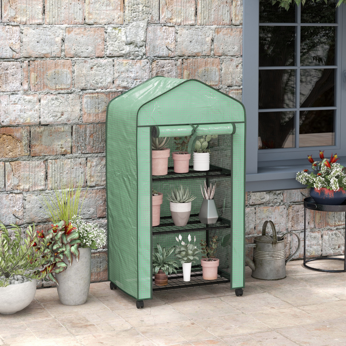 Outsunny Portable Mini Greenhouse with Wheels and Roll-Up Door, Green
