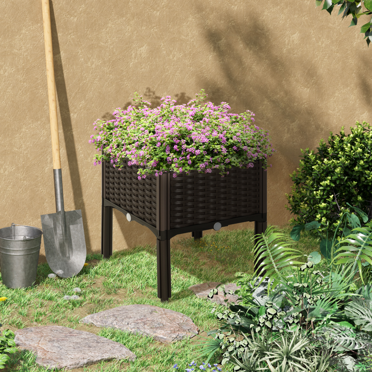 Outsunny Raised Outdoor Garden Planter Box Brown Rattan-Effect Plastic Self-Watering Disk