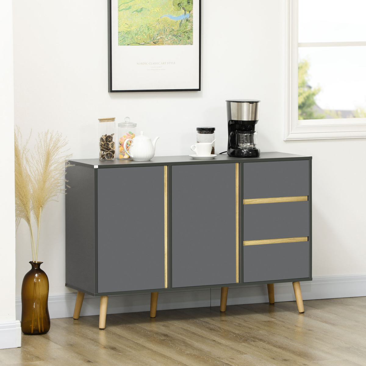 HOMCOM Dark Grey Sideboard with 3 Drawers and 2 Cupboards, Adjustable Shelves