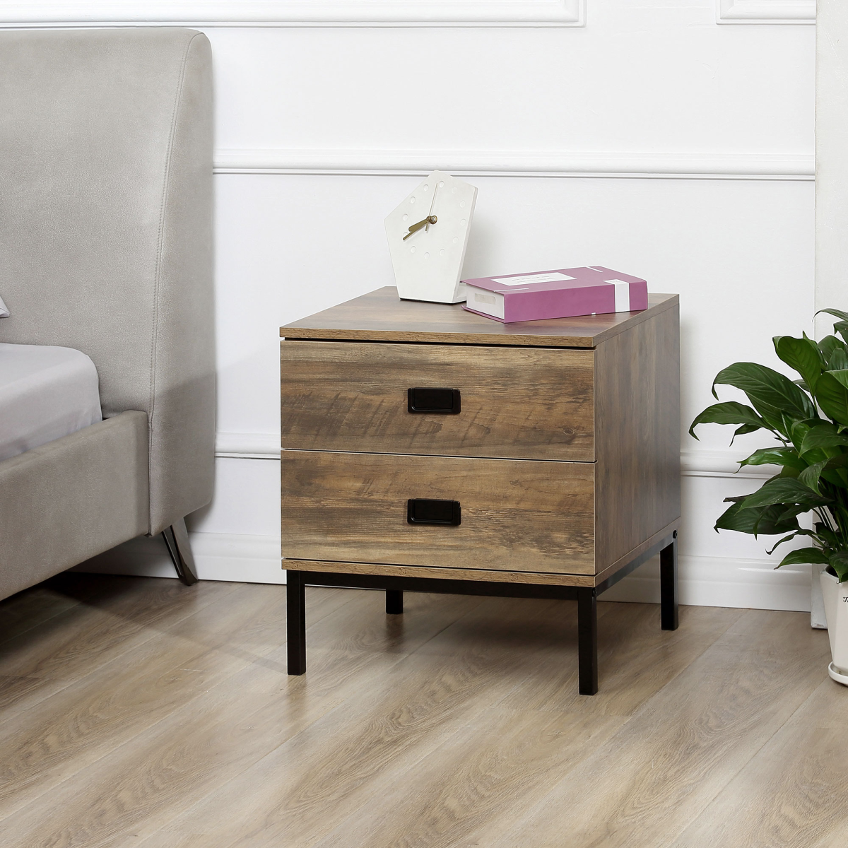 HOMCOM Metal Frame Bedside Table with 2 Drawers and Storage