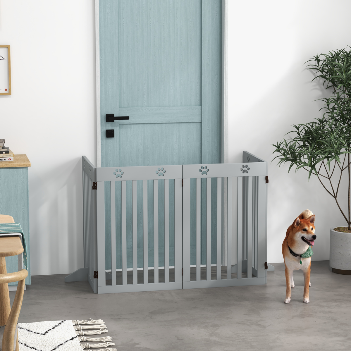 PawHut Foldable Freestanding Dog Gate with Support Feet, Grey
