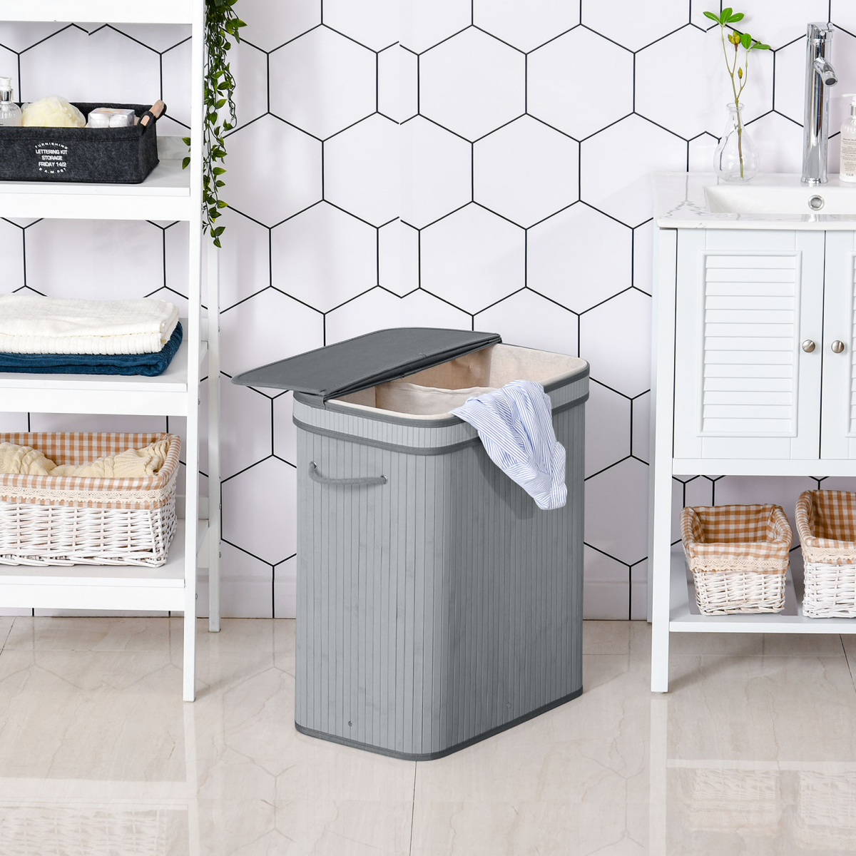 100L Grey Bamboo Flip Lid Laundry Basket with Removable Washable Lining
