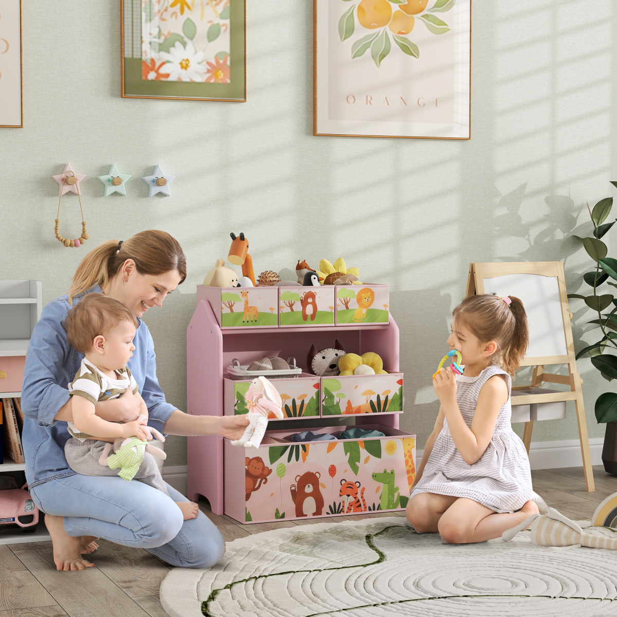 AIYAPLAY Kids 3-Tier Toy Storage Unit with 6 Removable Boxes, Pink