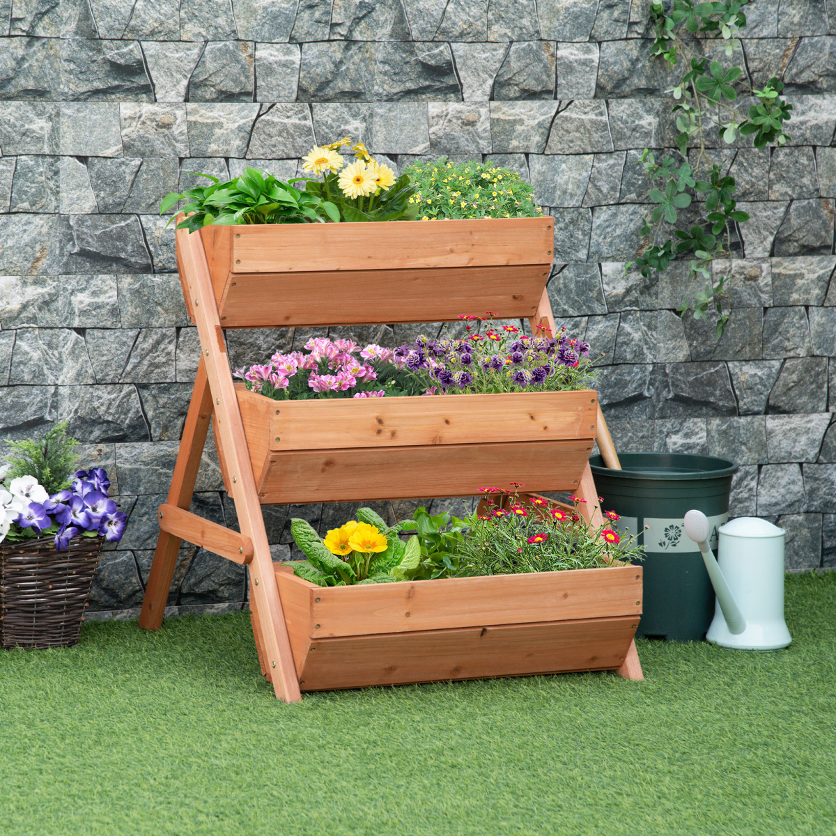 Outsunny 3-Tier Raised Wooden Garden Bed Planter Box, Brown Fir Wood