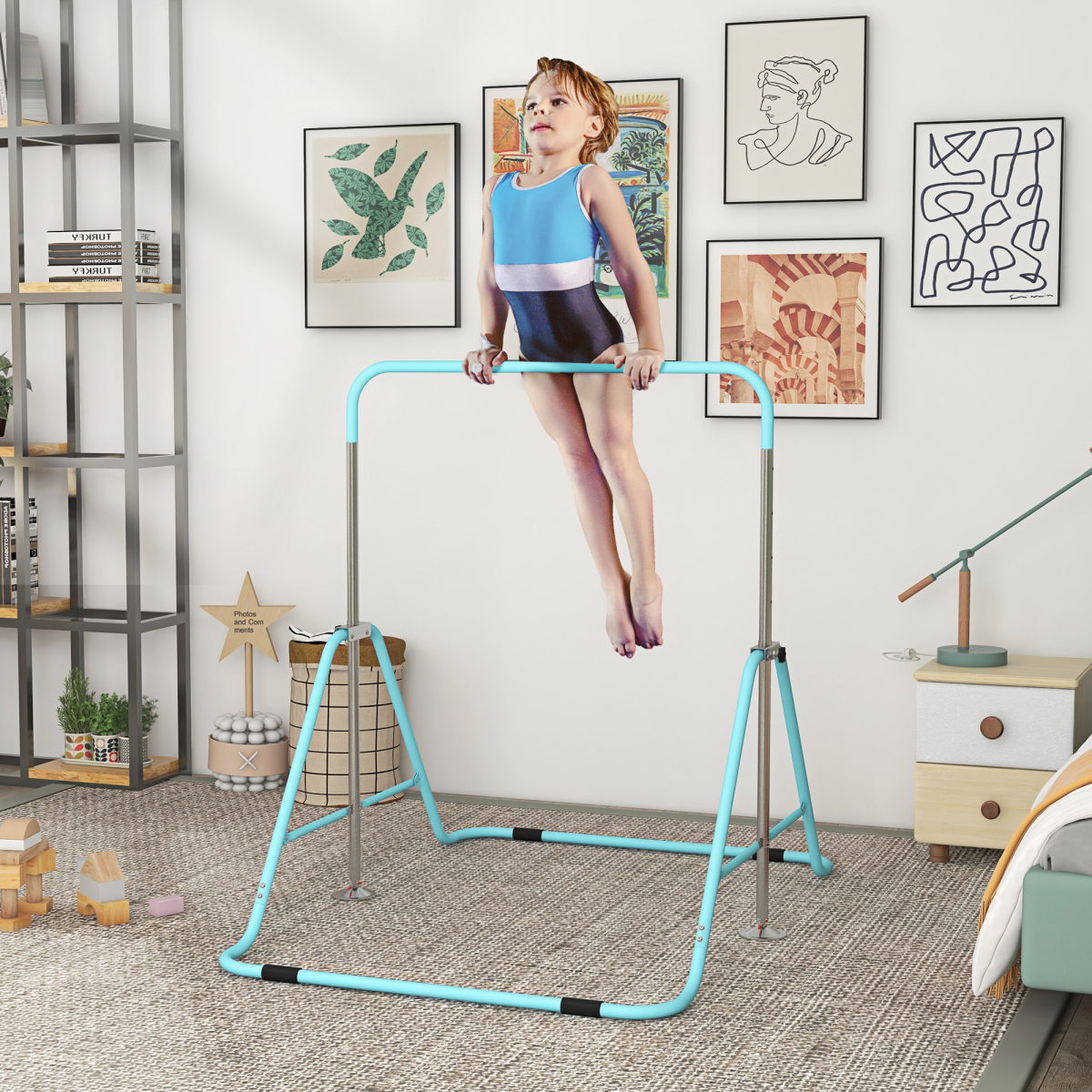 HOMCOM Kids Adjustable Gymnastics Bar, Foldable Steel, Green, 3+