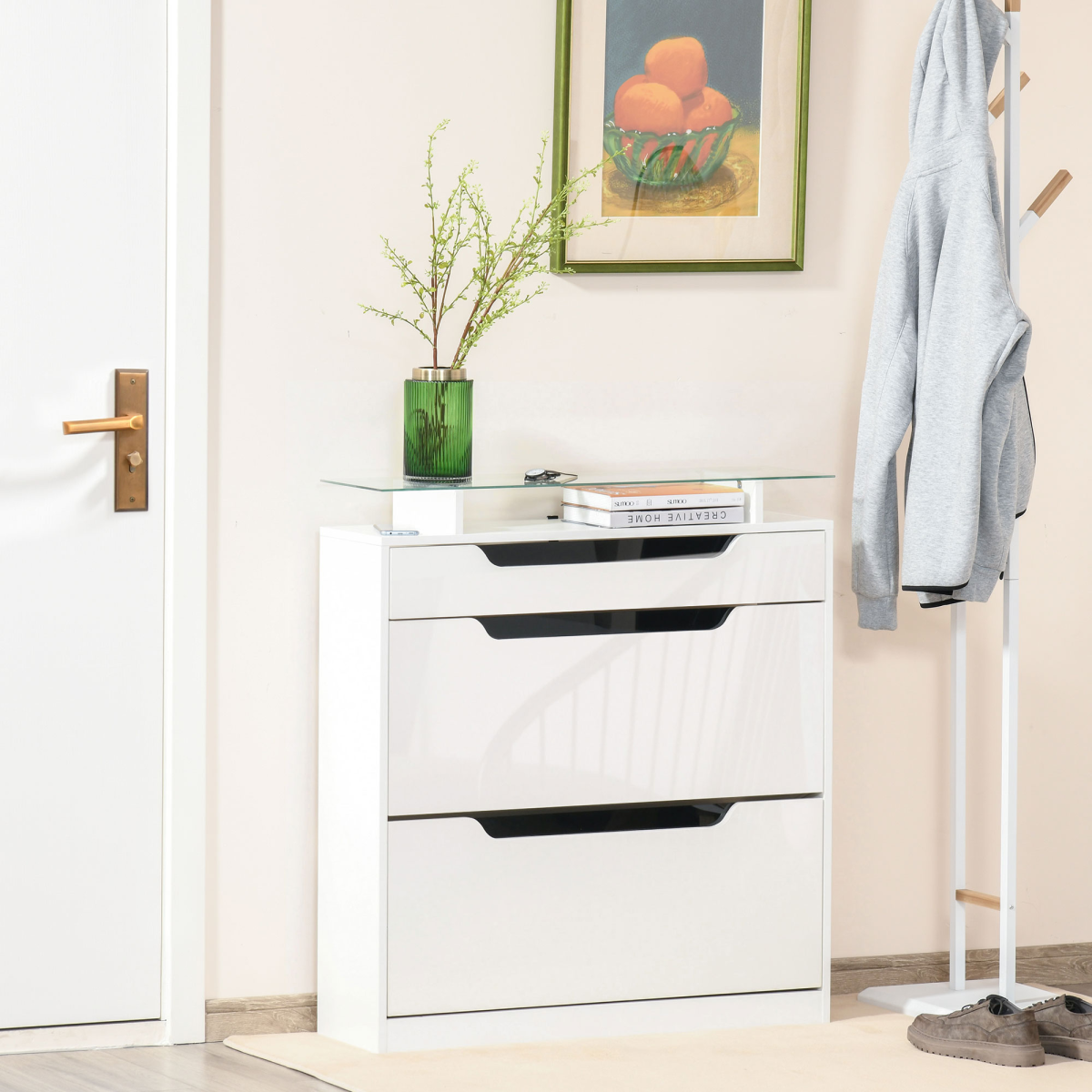 HOMCOM Shoe Cabinet with 2 Flip Doors, Drawer & Glass Top, White
