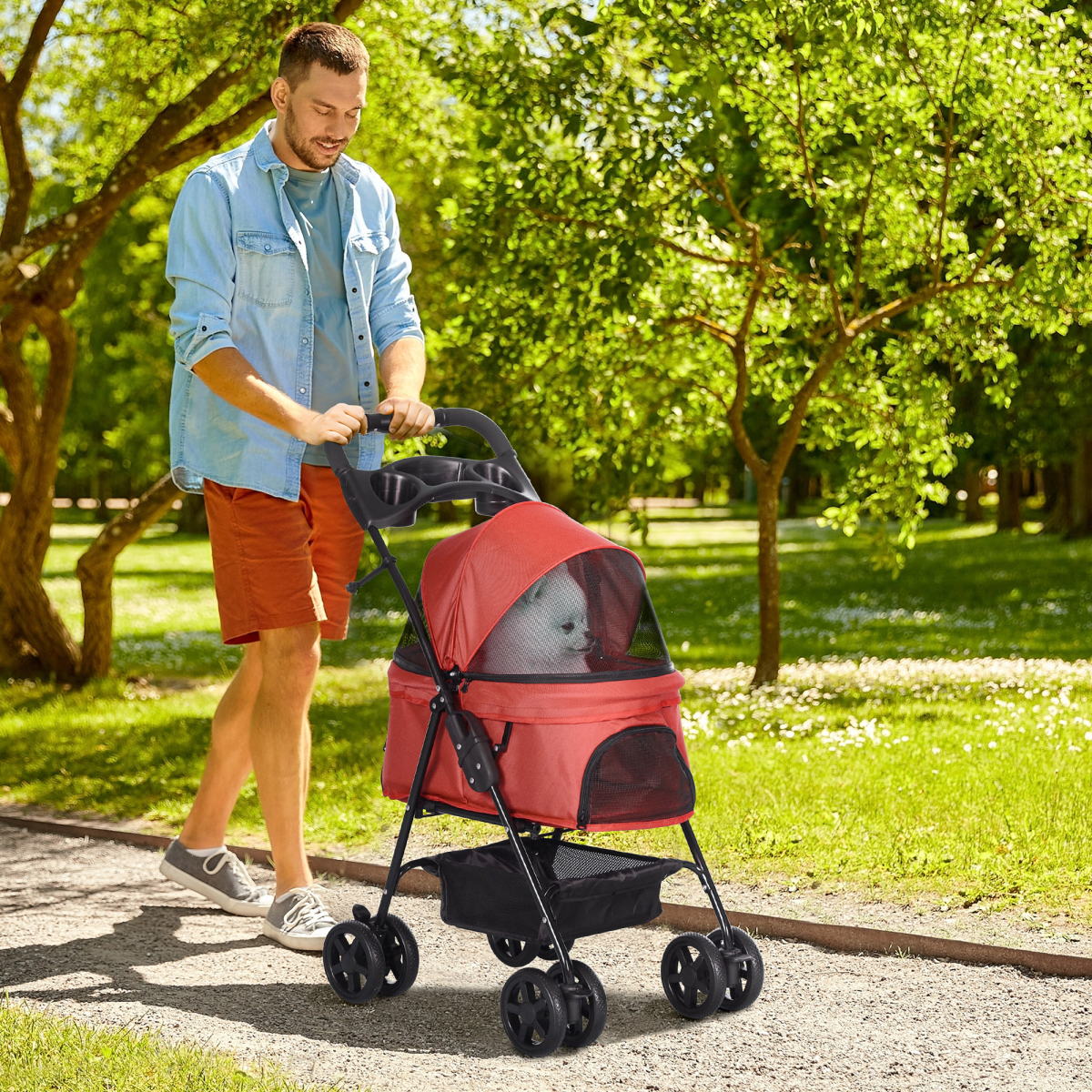 No-Zip Foldable Pet Stroller with Brake Wheels, Adjustable 4-Position Canopy, Basket, Safety Leashes, Steel Frame