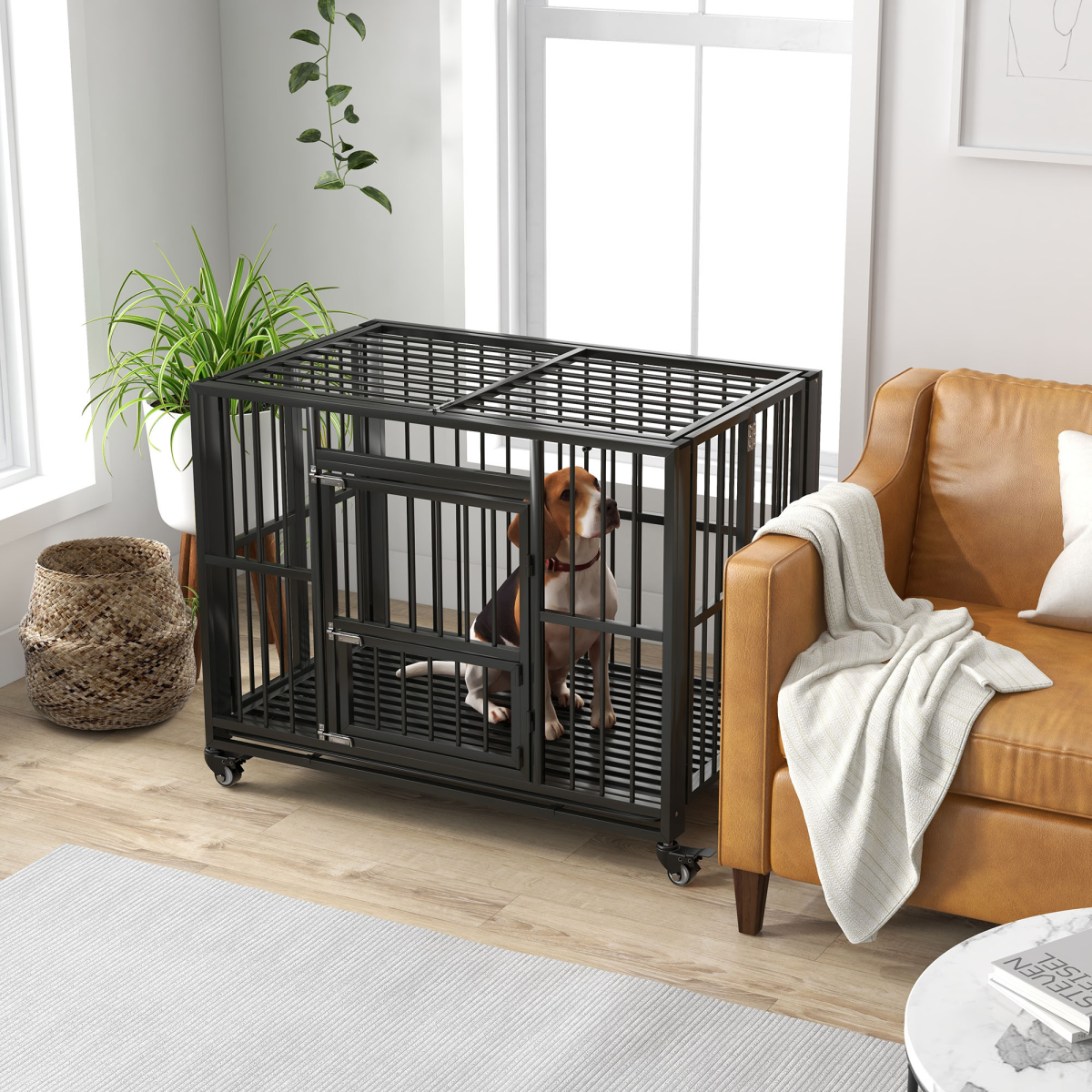 PawHut Foldable Heavy Duty Dog Crate with Locks, Tray & Wheels