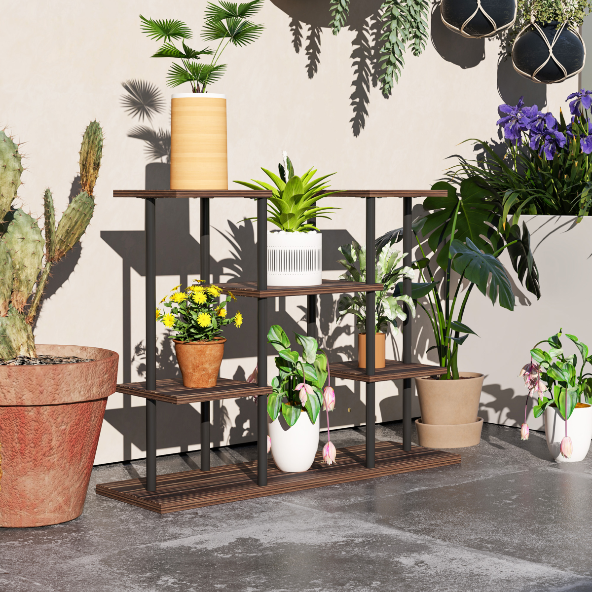 Outsunny 4-Tier Metal Flower Shelf Display Rack with Wooden Shelves, Black Carbonised Finish