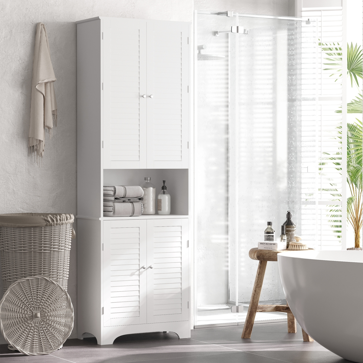 HOMCOM 183x60cm Tall Freestanding Bathroom Cabinet with Retro Shutters, 3 Compartments, White
