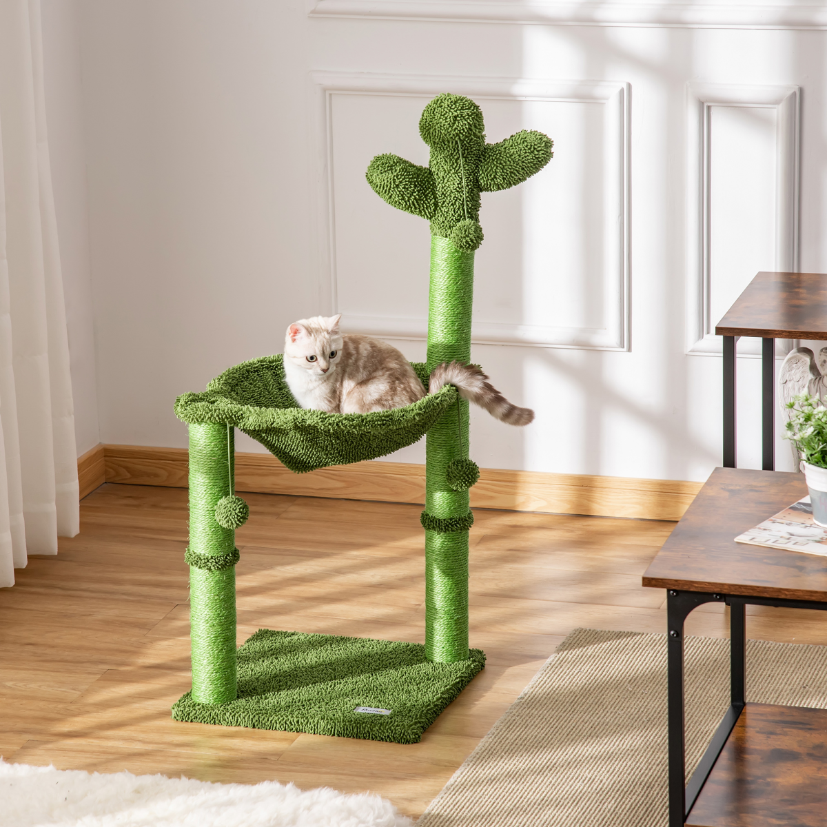 Cactus Cat Tree for Indoor Cats w/ Scratching Post Hammock Bed Toy Ball - Green