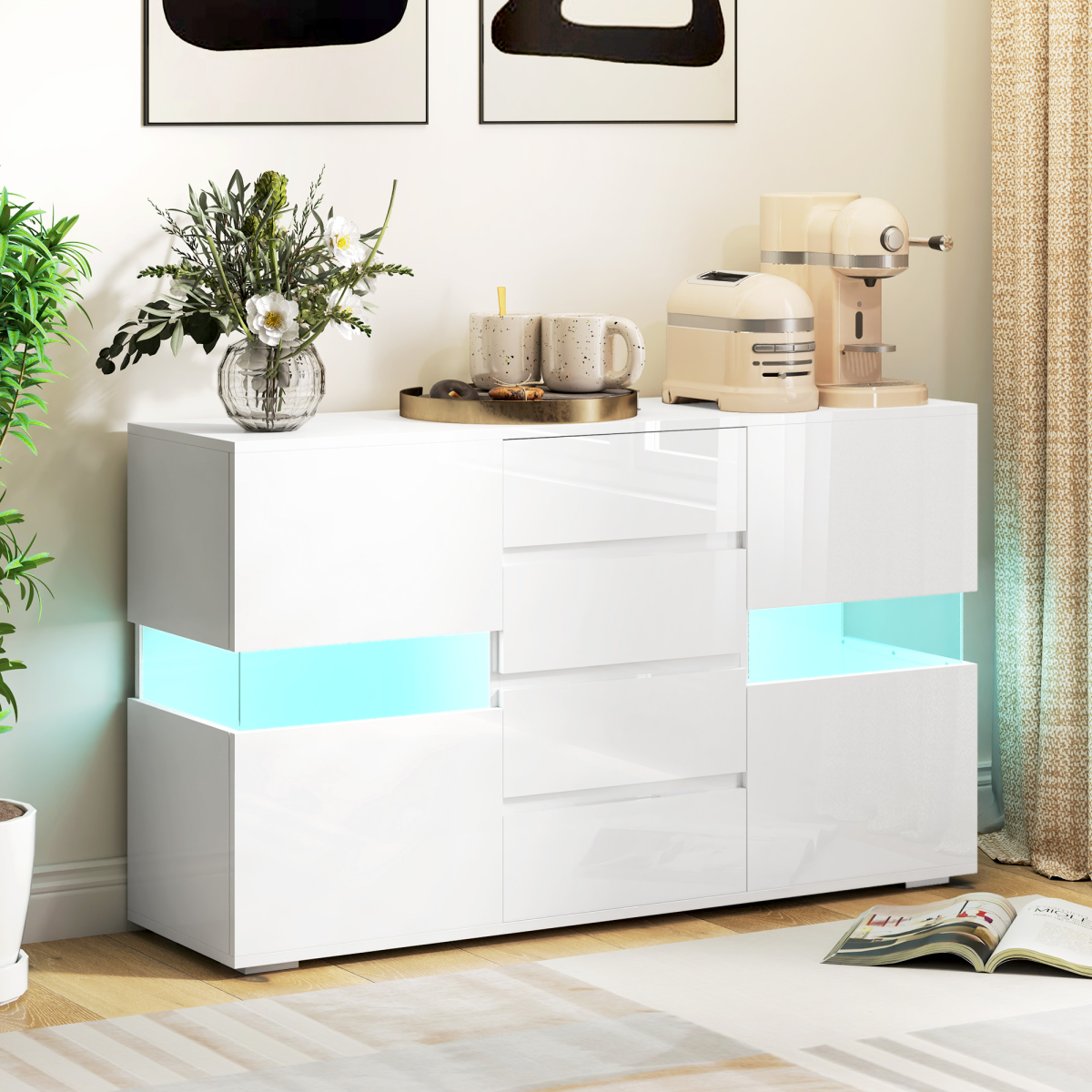 HOMCOM White High Gloss LED Sideboard with 4 Drawers & Cupboards