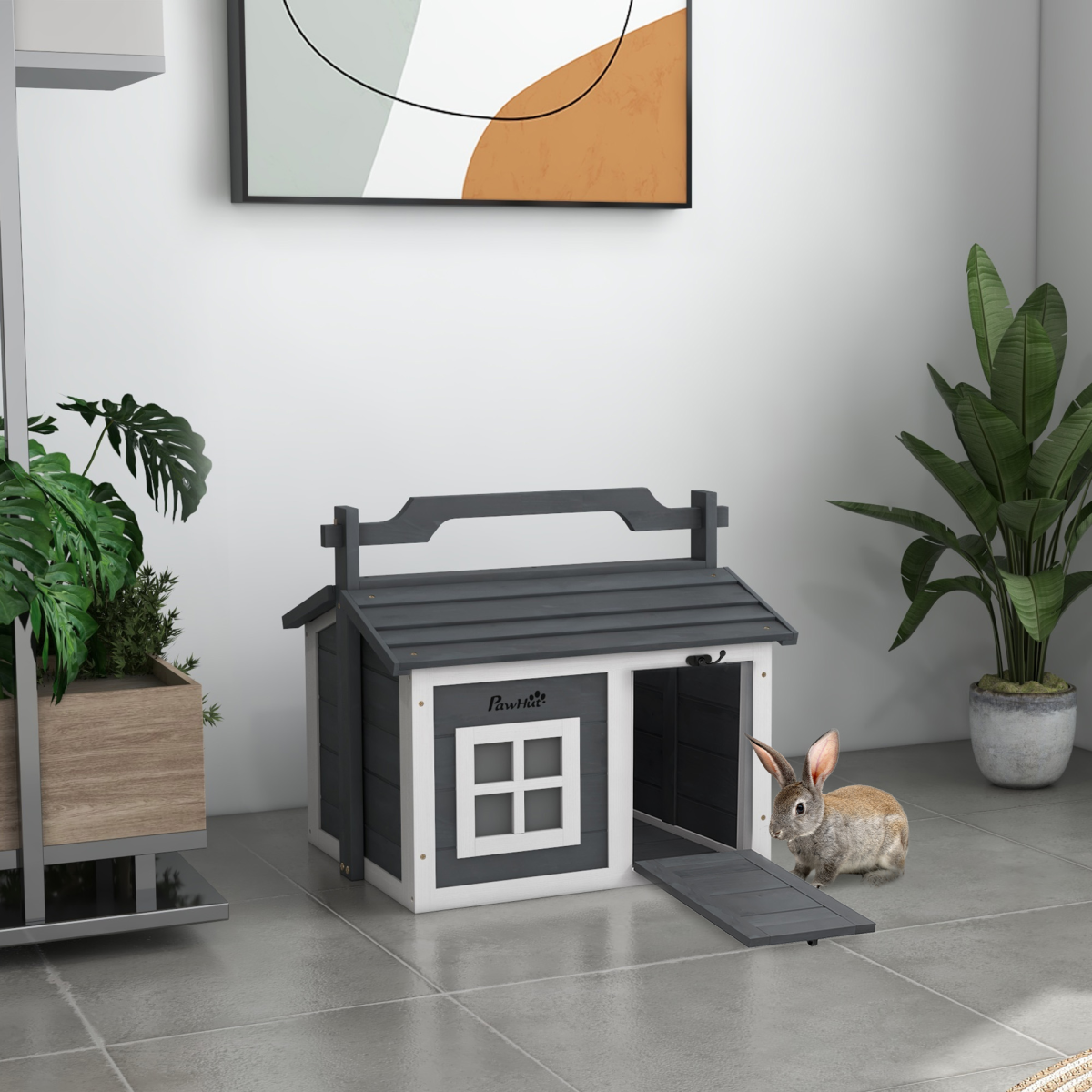 PawHut Indoor Outdoor Rabbit Hutch with Openable Roof - Grey