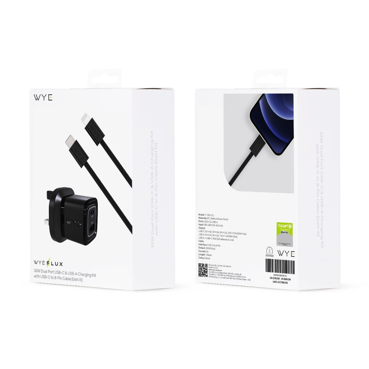 WYEFLUX 32W USB-C & USB-A Charger Kit with USB-C to 8-Pin Cable