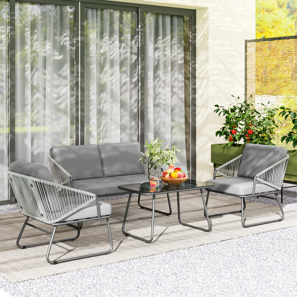 Outsunny 4-Piece Grey Rattan Garden Furniture Set with Cushions