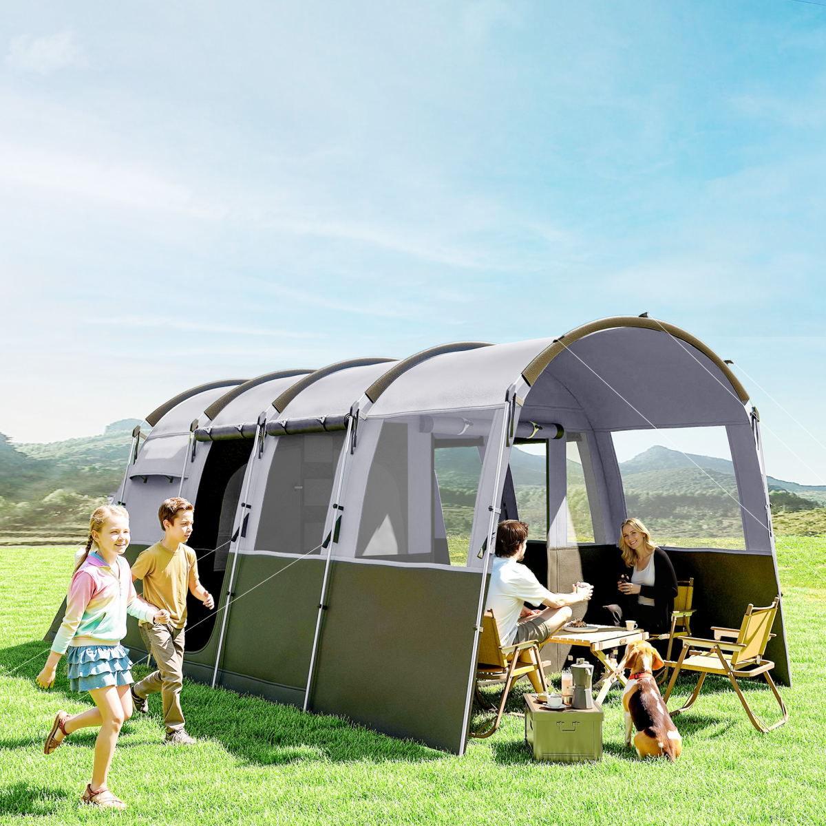 8-Person Camping Tent Tunnel Design with 4 Large Windows Dark Grey