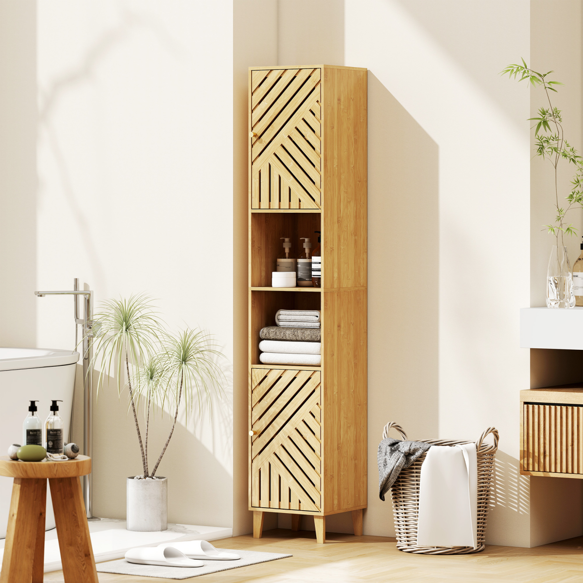 HOMCOM Tall Bathroom Storage Cabinet with Open Compartments, Adjustable Shelves