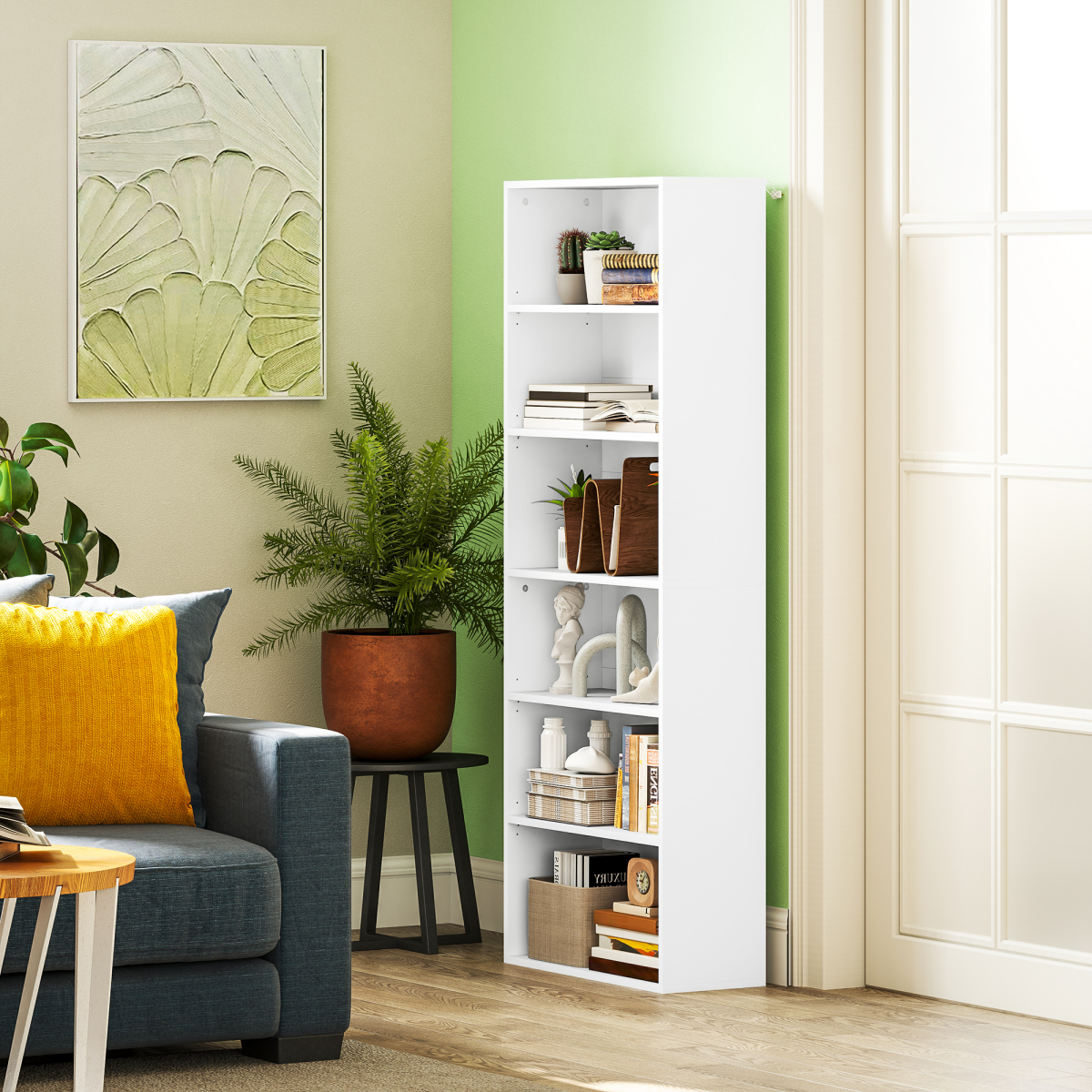 HOMCOM 6-Tier Freestanding White Bookcase with Adjustable Shelves