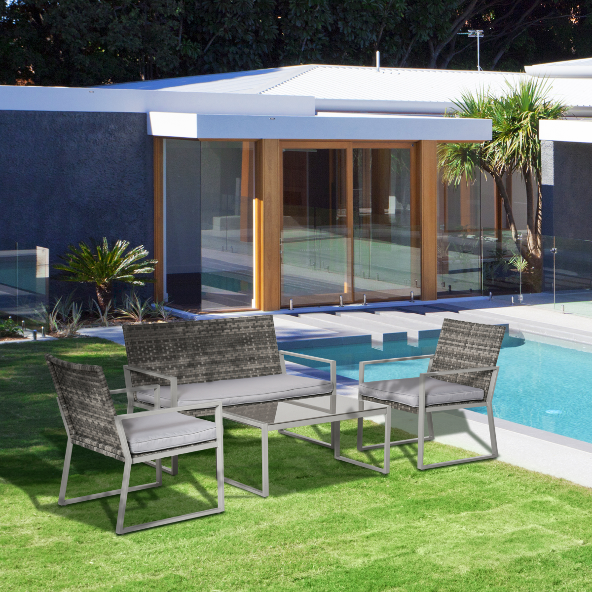 Outsunny 4-Piece Grey Rattan Outdoor Seating Set with Table